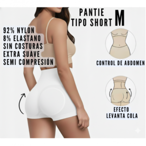 PANTIE TIPO SHORT LEVANTA COLA / FAJON CON CONTROL DE ABDOMEN / COLOR BLANCO / TALLA M