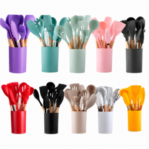 Juego de utensilios de cocina de silicona y cuchillos gris