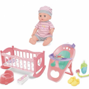 Muñeca con cuna y silla de comer